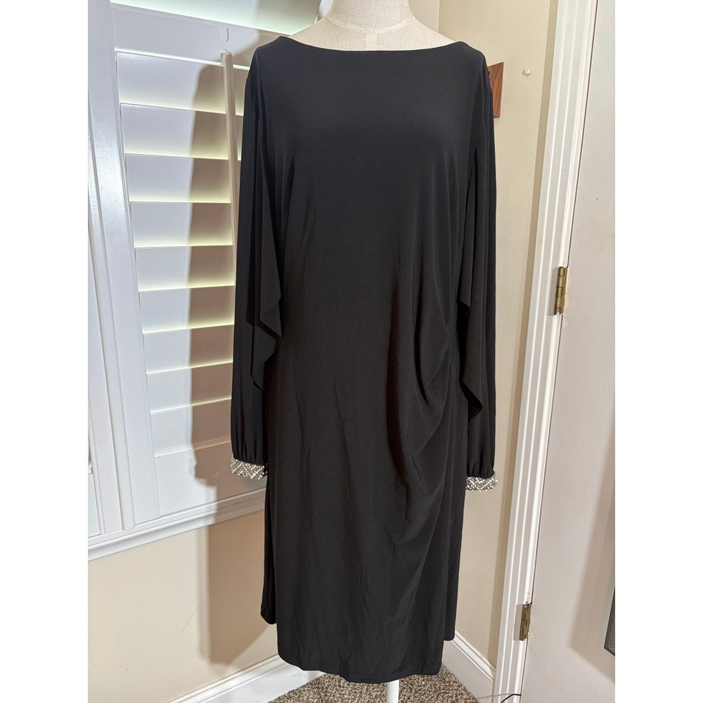 Lauren Ralph Lauren Evening Dress 16 Black Cape Sleeve Rhinestone Cuff Cocktail